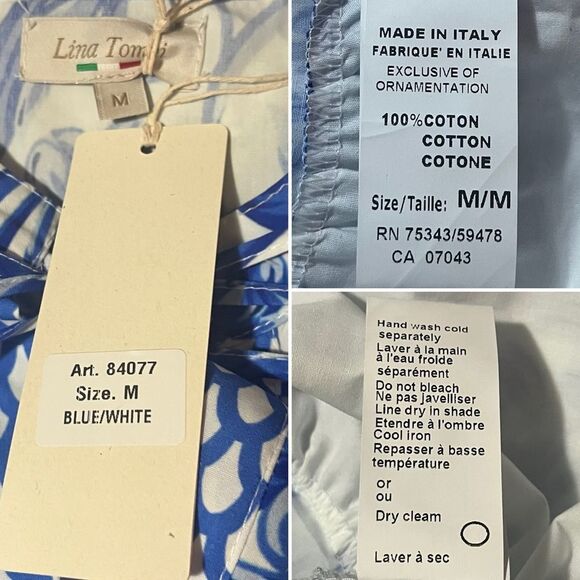 LINA TOMEI Italy Long Sleeve Cotton Baroque Drop Waist Dress Blue Floral M NWT - Picture 12 of 13